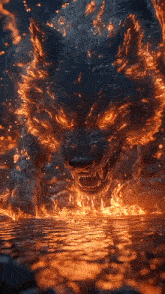 a painting of a wolf surrounded by flames and water