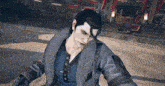 a man wearing a fur coat and a blue shirt is standing in front of a crowd in a video game .