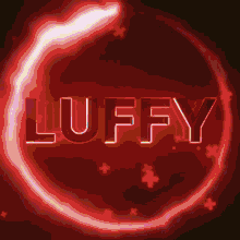 a red circle with the word luffy in white letters