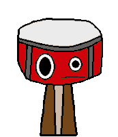 a cartoon drawing of a red drum with two holes in it