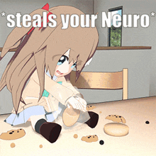 a cartoon of a girl sitting on the floor with the words " steals your neuro " below her