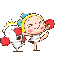 a cartoon drawing of a girl and a dog with pom poms