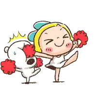 a cartoon drawing of a girl and a dog with pom poms