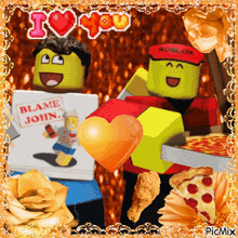 a picture of a roblox character holding boxes of pizza and chicken