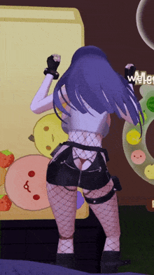 a girl with purple hair is standing in front of a wall that says welter