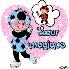 a ladybug is holding a microphone in front of a pink heart that says " cœur magique "