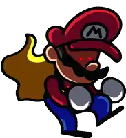 a cartoon drawing of mario with a bag on his back and the letter m on his hat