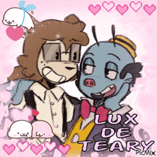 a couple of cartoon characters standing next to each other with the words lux de teary in the corner