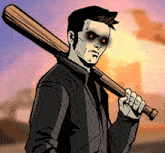 a cartoon drawing of a man holding a baseball bat with red eyes