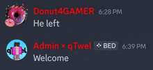 a screenshot of a discord conversation between donut4gamer and admin
