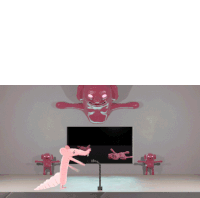 a computer generated image of a woman dancing in front of a television