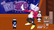 a pixel art drawing of a man dancing in front of a tv live sign .