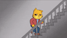 a cartoon cat is walking up the stairs