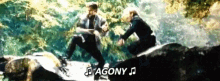 a man and a woman are sitting on a rock with the words agony written on the bottom .