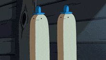 two cartoon characters standing next to each other with the words ice cream ice cream written below them