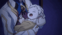 a man holding a baby in his arms with a star on his chest