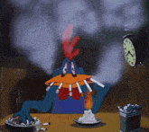 a cartoon rooster is smoking a cigarette next to a clock