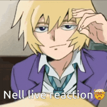 a cartoon of a boy in a suit and tie with the words nell live reaction