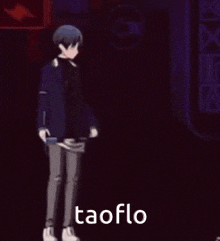 two anime characters are standing next to each other in a dark room with the words taoflo written on the bottom .