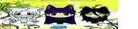 three cartoon characters are standing next to each other on a yellow and white background