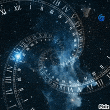 a clock with roman numerals on it is spinning in space
