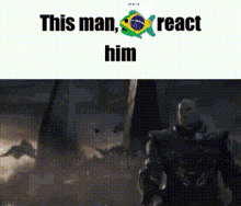 a man in a military uniform is standing in a dark room with the words `` this man , react him ''