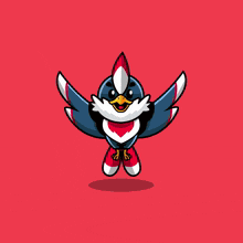 a cartoon bird with red white and blue feathers is standing on a red background