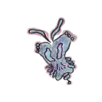 a blue and pink drawing of a butterfly with a tear coming out of its eyes