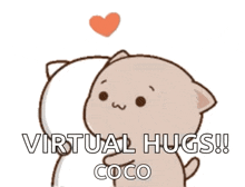a cartoon cat is hugging another cat with the words virtual hugs coco written on it .