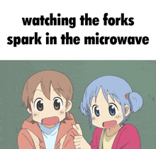 a couple of anime characters standing next to each other with the words watching the forks spark in the microwave above them