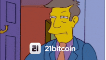 a cartoon of a man in a suit and tie with a 21bitcoin logo