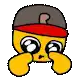 a yellow cartoon character wearing a red hat and tears coming out of his eyes .