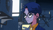 a cartoon of a man with glasses and a sign that says nitori on it