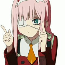 a girl with pink hair and a bandage on her eye is making a funny face .