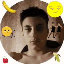 a man 's face is surrounded by a bunch of cartoon characters including a banana and a smiley face