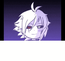 a drawing of a person 's face with purple hair and red eyes