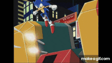 a cartoon of sonic the hedgehog jumping over a building with a make a gif.com link below it