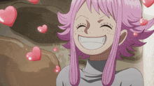 a girl with pink hair is smiling with pink hearts coming out of her hair