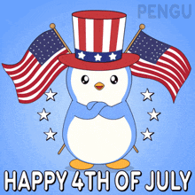 a happy 4th of july card with a penguin in a patriotic hat