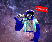 a cartoon character with a red subscribe button