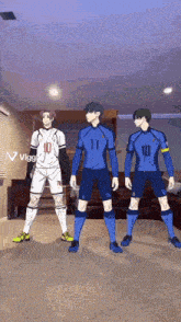 three soccer players are standing in a living room and one has the number 11 on their jersey