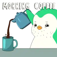 a cartoon of a penguin pouring coffee into a mug with the words morning coffee above it