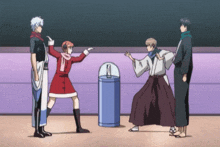 a group of anime characters are standing around a trash can and one of them is wearing a santa outfit