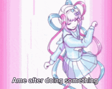 a pixel art of a girl with pigtails holding a hamster and the words " ame after doing something " below her