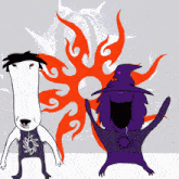 a cartoon drawing of a dog and a wizard with a sun in the background