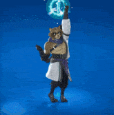 a fox in a white dress is dancing in a blue light