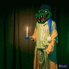 a cartoon of a crocodile holding a lit candle with 3look in the corner