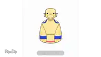 a cartoon drawing of a yellow and blue robot with a n on its head .