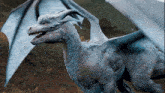 a white dragon with blue wings and horns is standing in the dirt