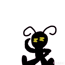 a drawing of a black ant with yellow eyes and zzz written above it